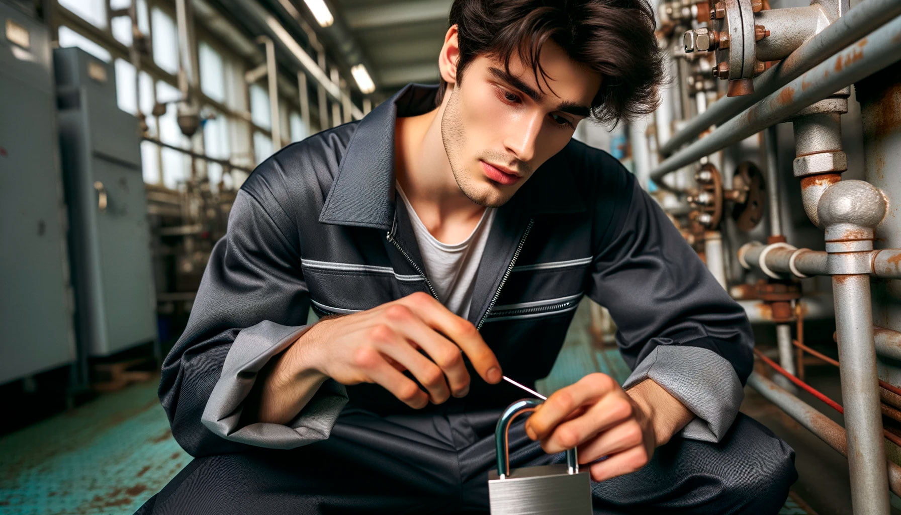 Слесарь держит в руках замок