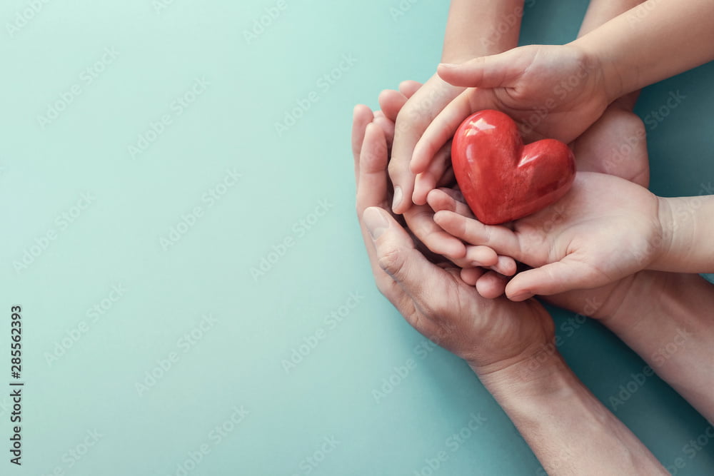 Family hands holding red heart, heart health insurance, charity volunteer donation, CSR responsibility, world heart day, world health day, family day, adoption foster care home, compliment  concept